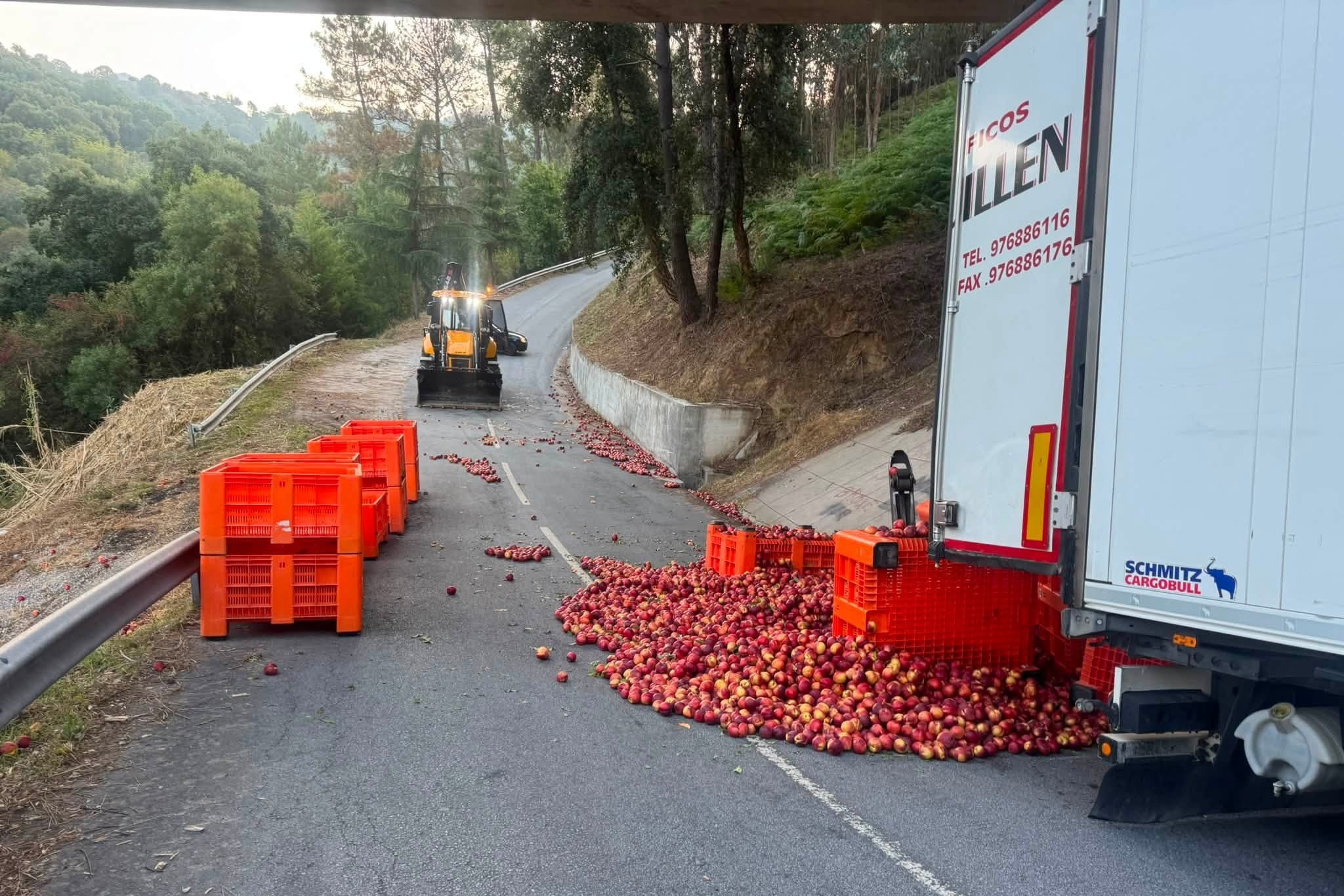 Camião de fruta não consegue subir estrada de acesso à Ponte da Ermida em Frende e perde parte da carga